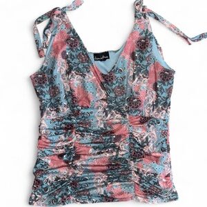 Elegant Floral V-Neck Blouse in Blue and Pink